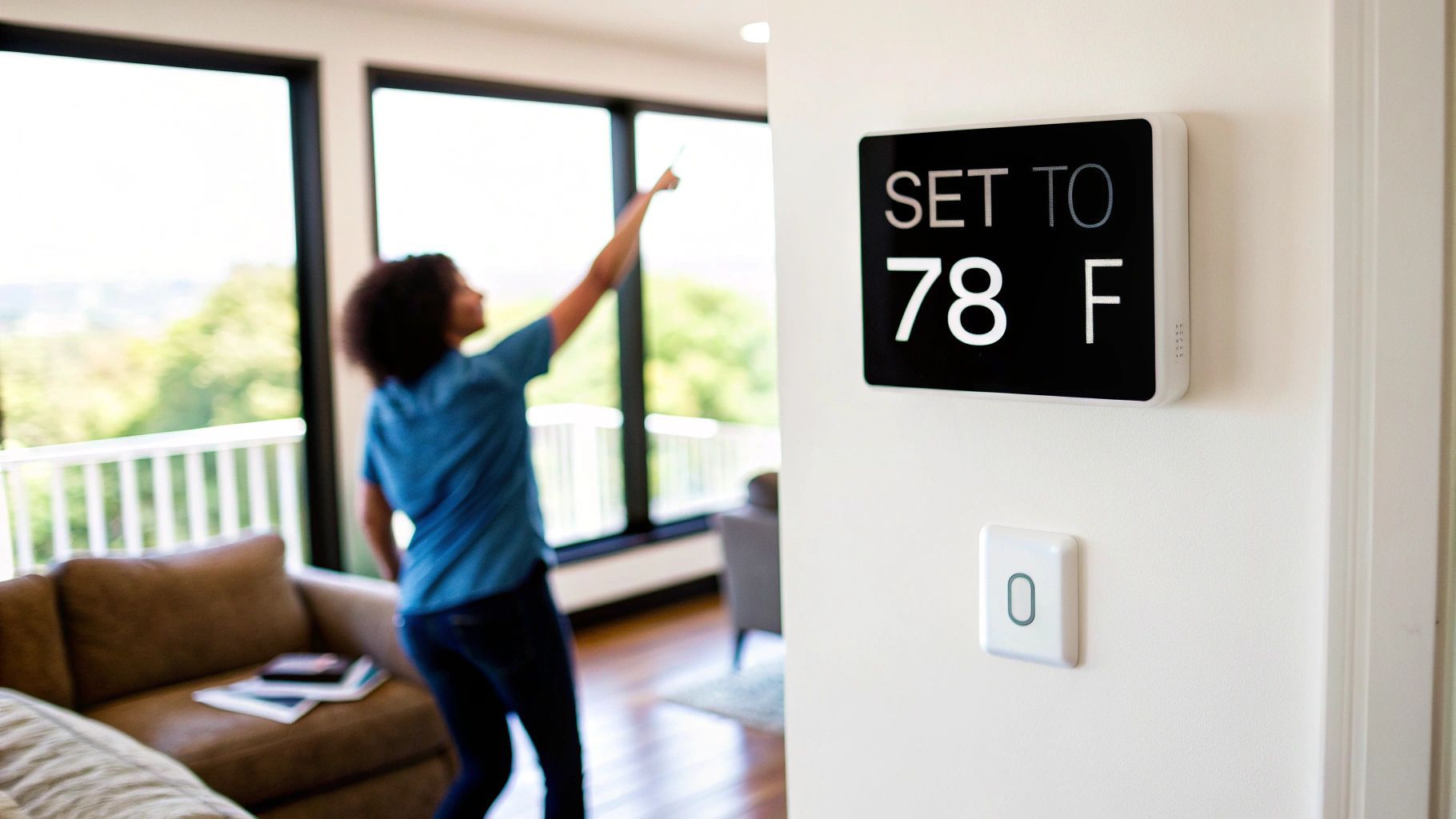 A modern smart thermostat displaying the temperature on a home wall.