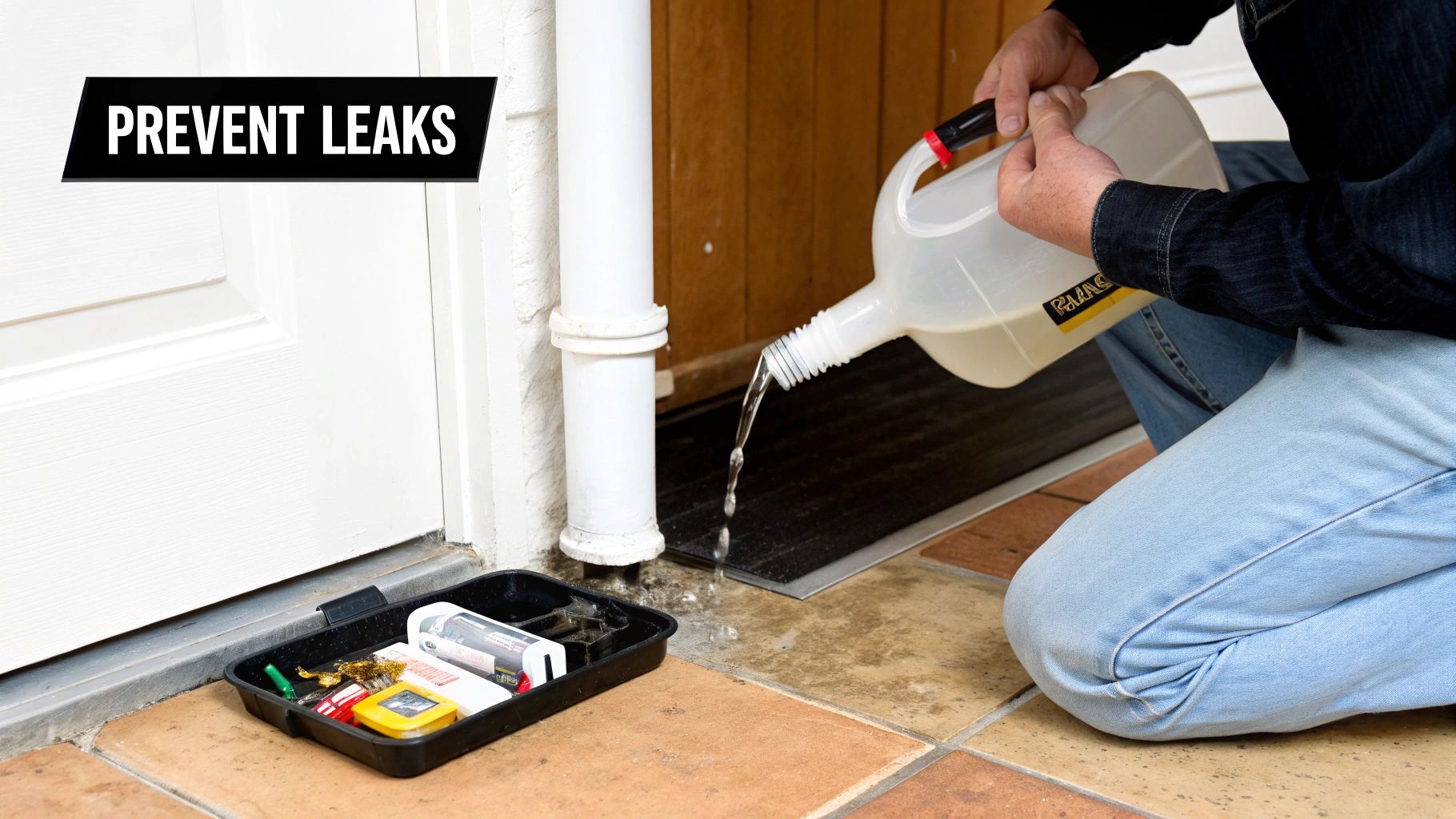 A technician pouring vinegar into an AC condensate drain line to prevent future leaks.