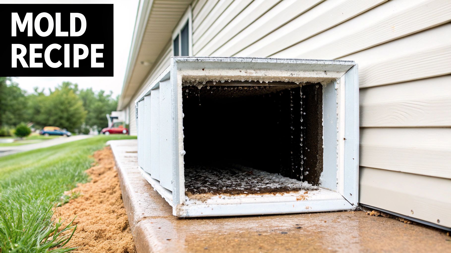 Close-up of a house's exterior air duct filled with mold and dripping water, highlighting moisture damage.