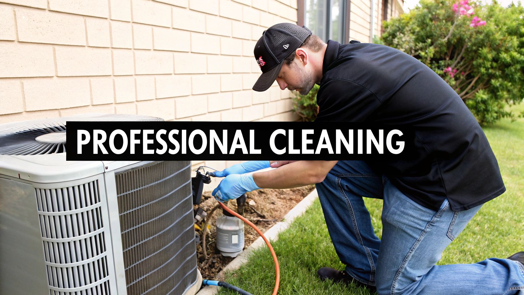 A man in blue gloves cleans an outdoor air conditioning unit, performing professional maintenance.