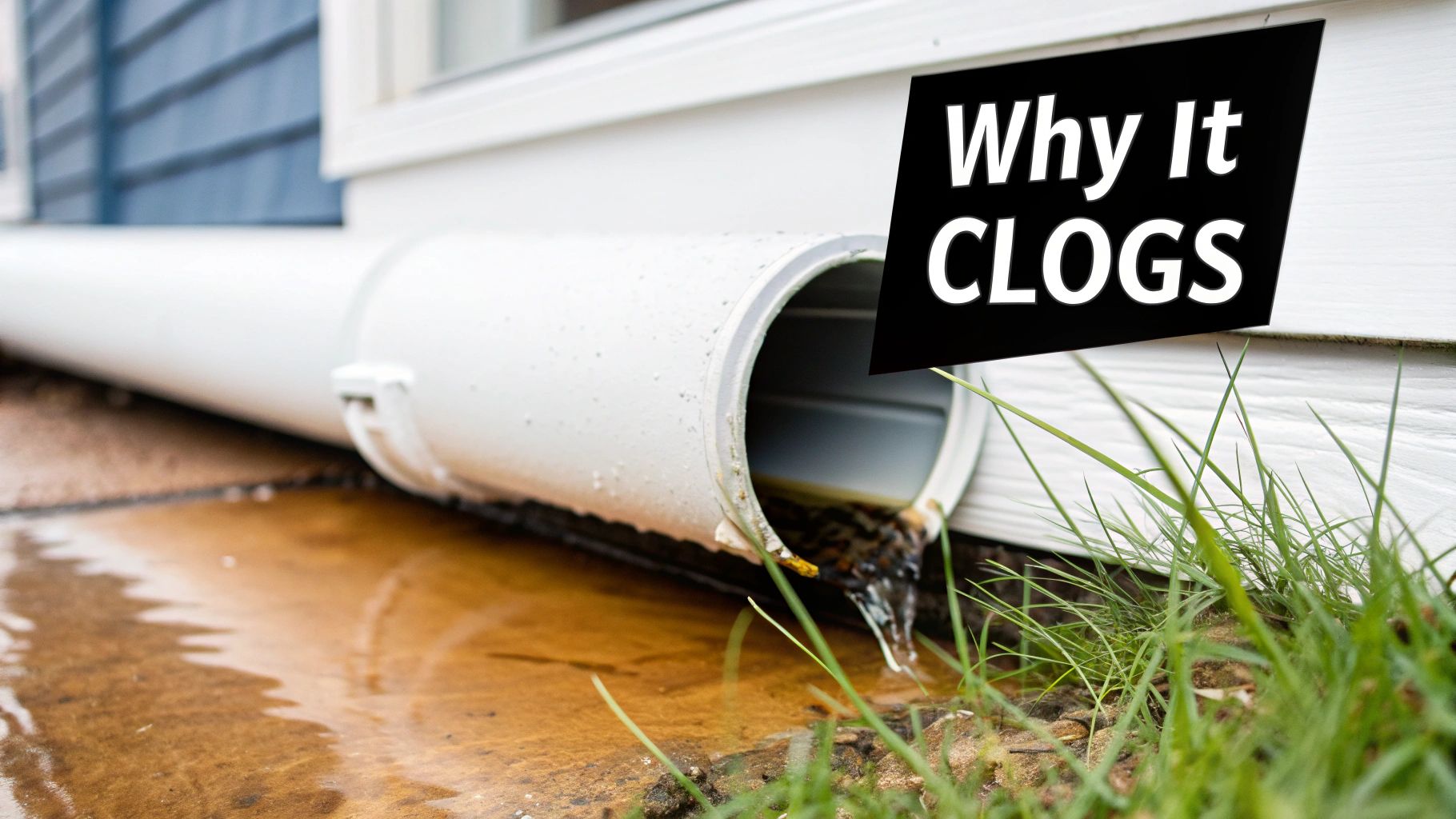 A close-up of a PVC condensate drain line next to an outdoor AC unit, showing where clogs often form.