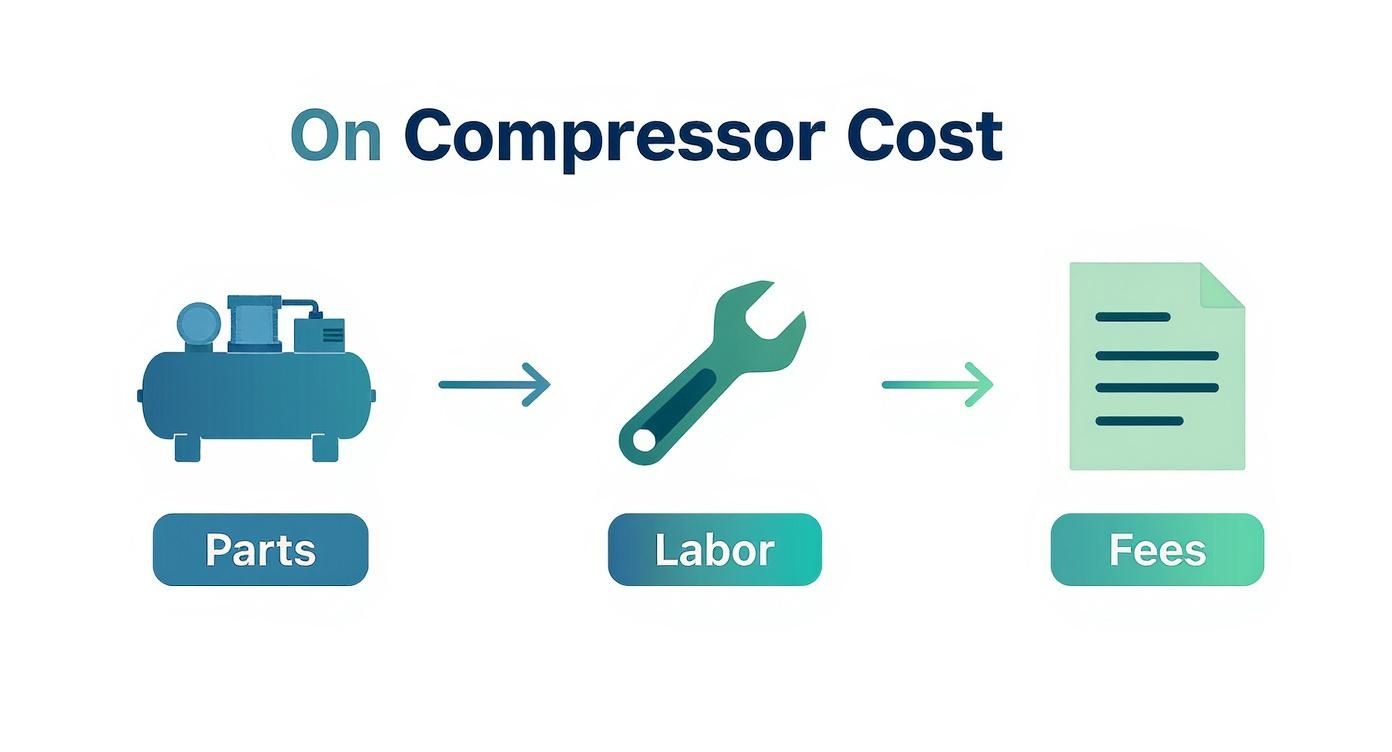 Diagram illustrating three components of compressor cost: replacement parts, labor work, and service fees