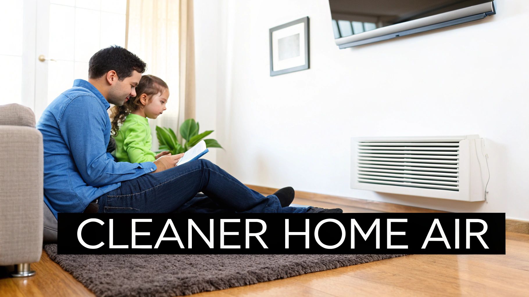 Father and daughter reading on floor near a wall-mounted air conditioner for cleaner home air.