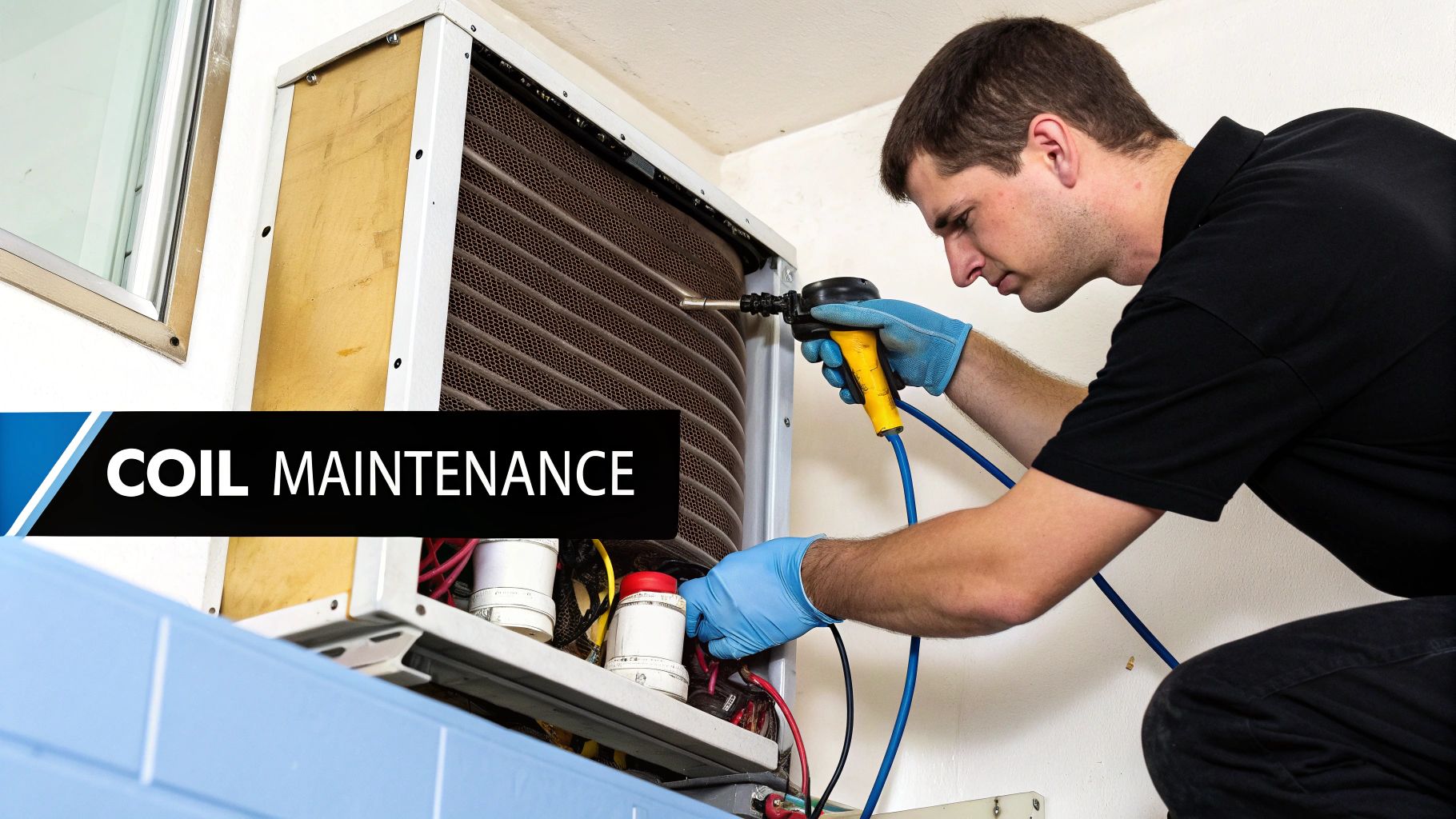 A technician in blue gloves performs maintenance on an air conditioning evaporator coil with a tool.