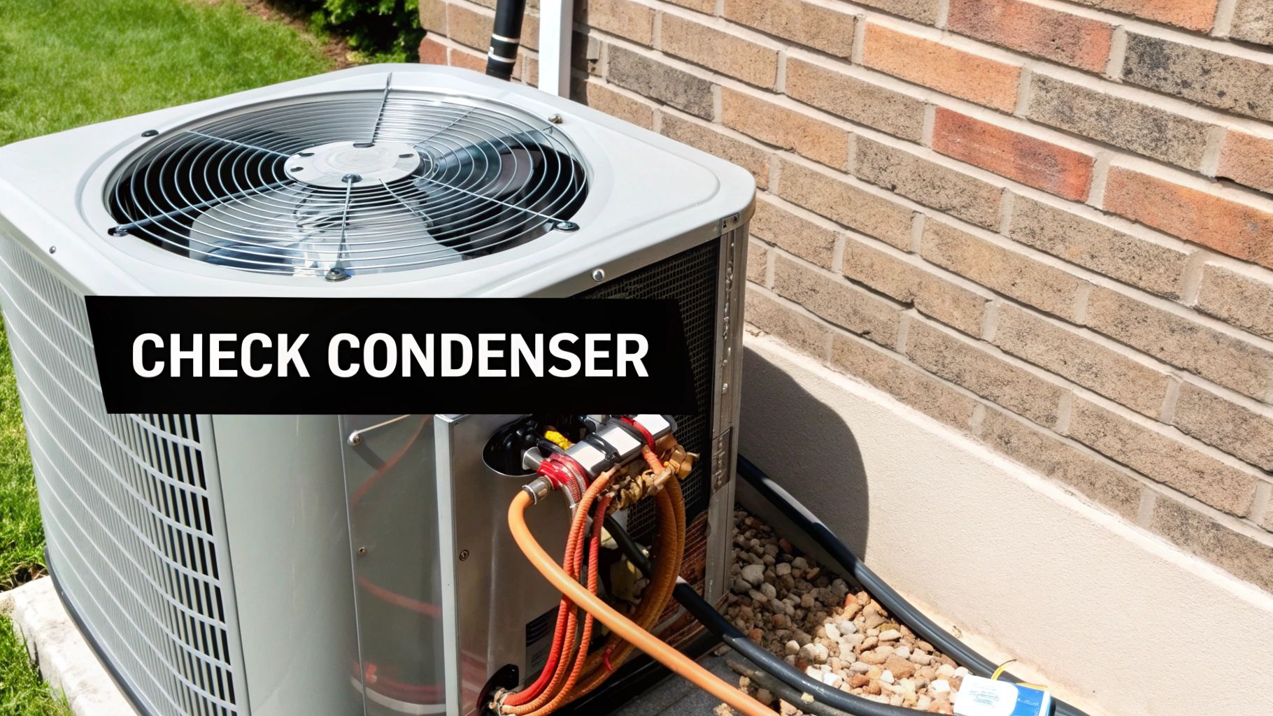 An outdoor air conditioning condenser unit next to a brick wall, with a 'CHECK CONDENSER' text overlay.