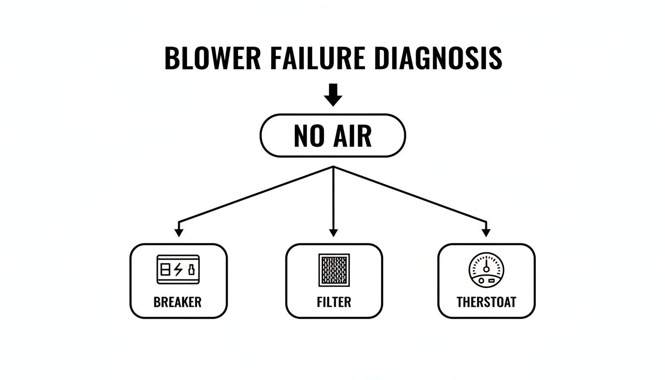 A blower failure diagnosis flowchart showing 'No Air' leading to checking the breaker, filter, or thermostat.