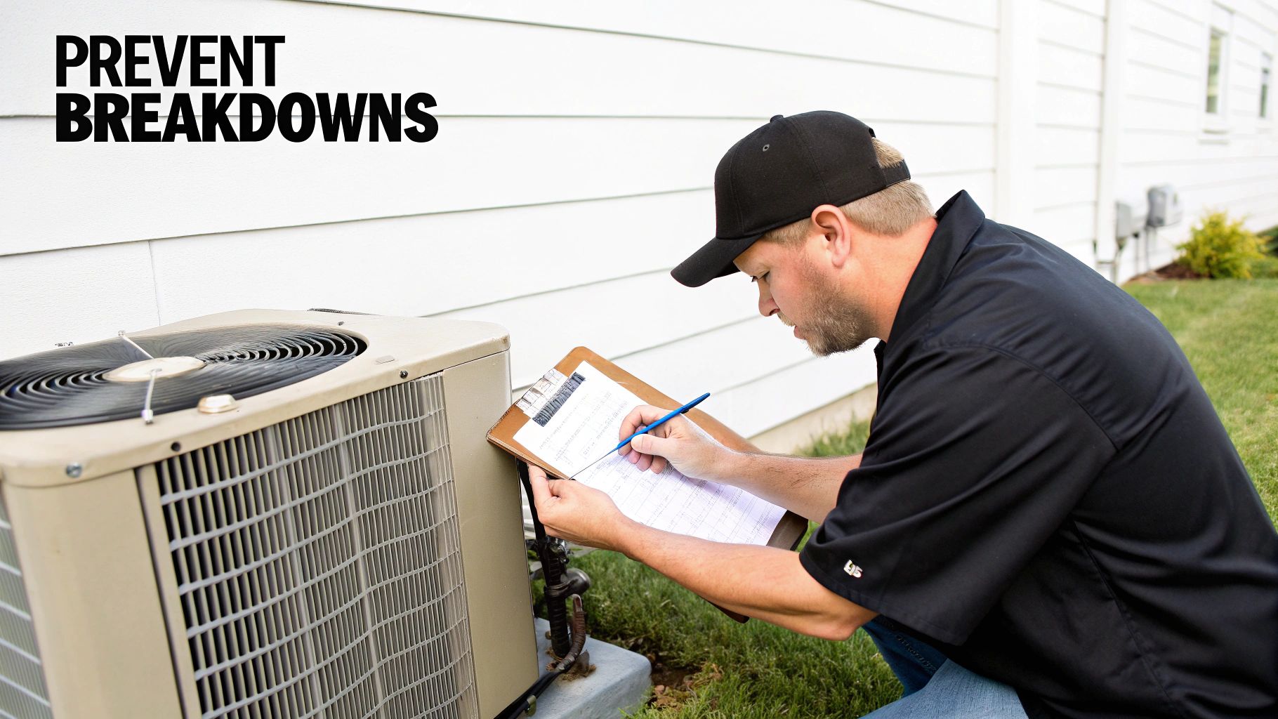 A technician inspects an outdoor air conditioning unit, writing notes on a clipboard for maintenance.