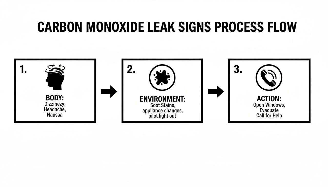 A process flow chart illustrating carbon monoxide leak signs, including body symptoms, environmental clues, and immediate actions.
