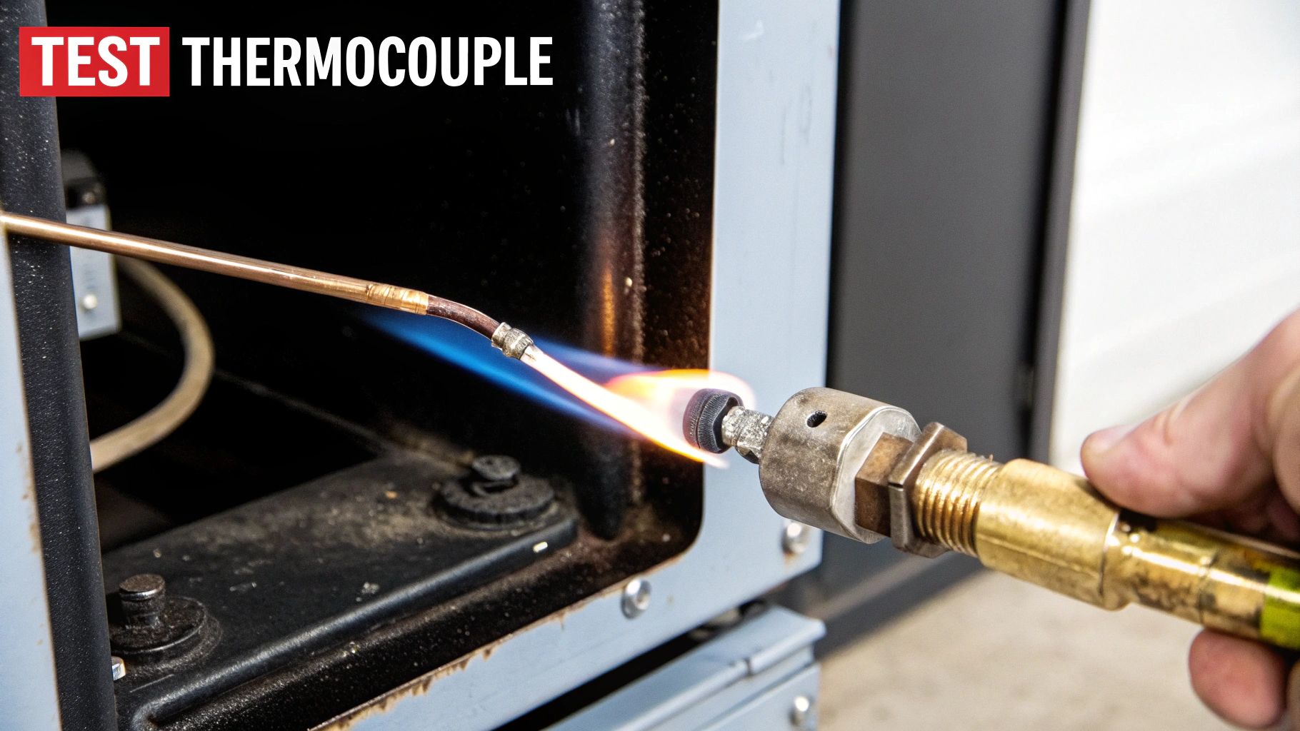 A hand holds a pilot light flame heating a copper thermocouple in a furnace for testing.