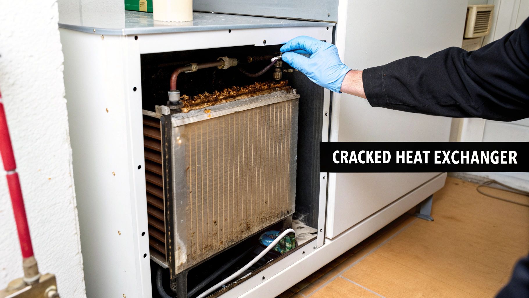 Technician in blue glove inspecting a dirty, potentially cracked heat exchanger inside a furnace.