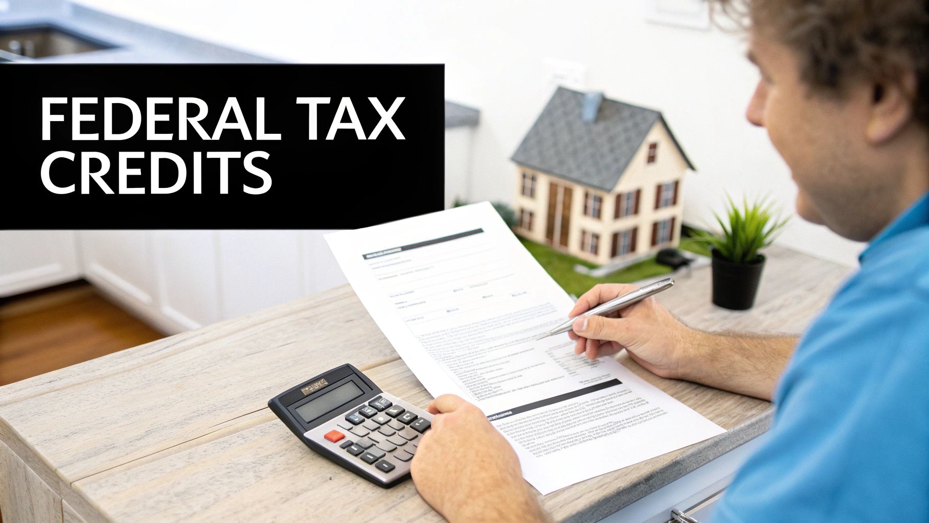 Man reviewing federal tax credits document with calculator, pen, and model house.