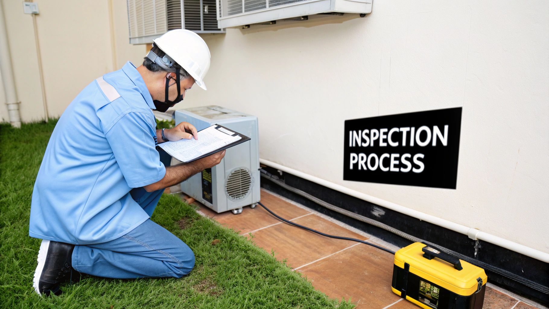 An inspector in safety gear kneels, reviewing documents during an outdoor inspection process.