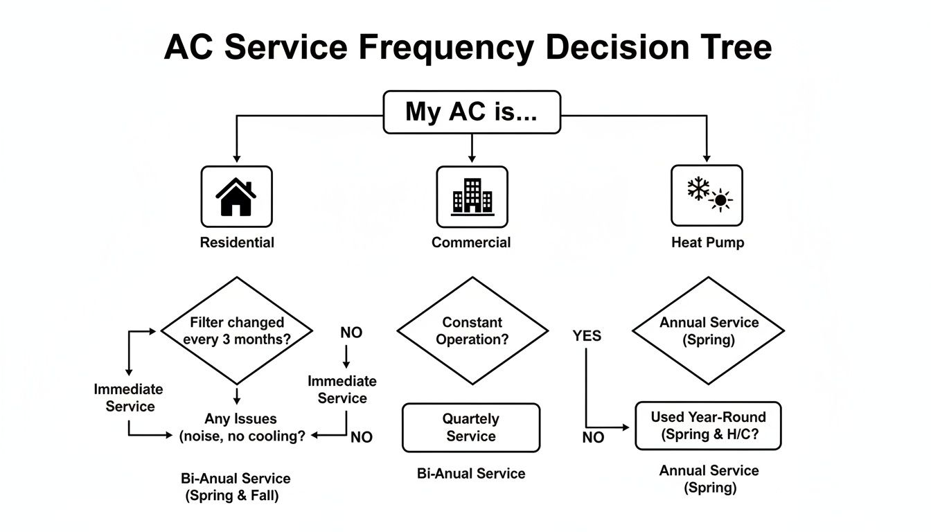 A flowchart explaining AC service frequency for residential, commercial, and heat pump systems.
