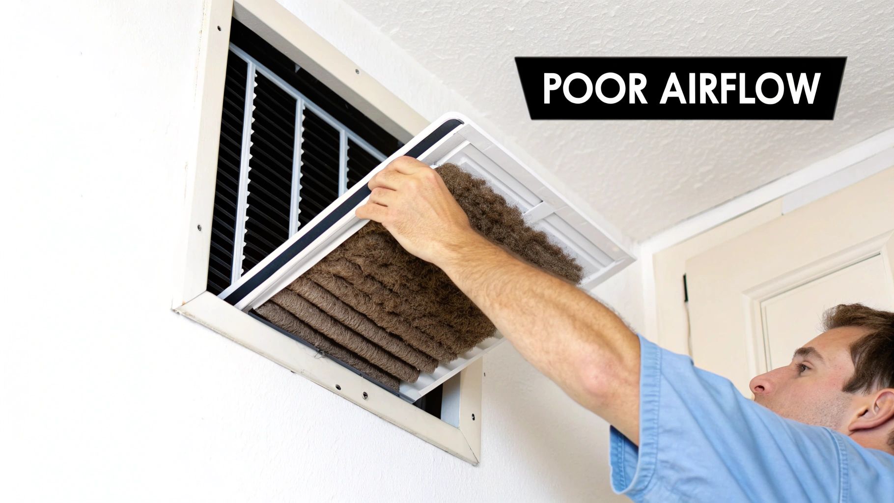 A hand pulls out a heavily clogged air filter from an HVAC vent, causing poor airflow.