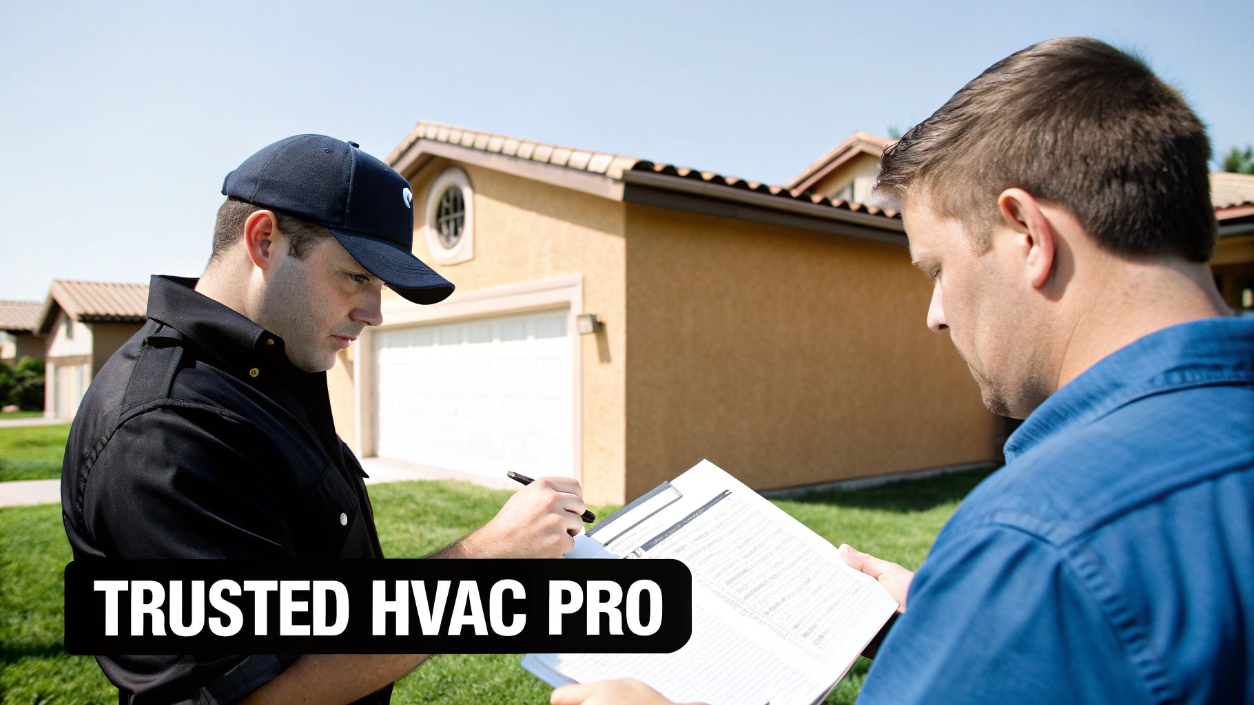 An HVAC technician in uniform writes on a clipboard for a homeowner outside a house, with "TRUSTED HVAC PRO" text.