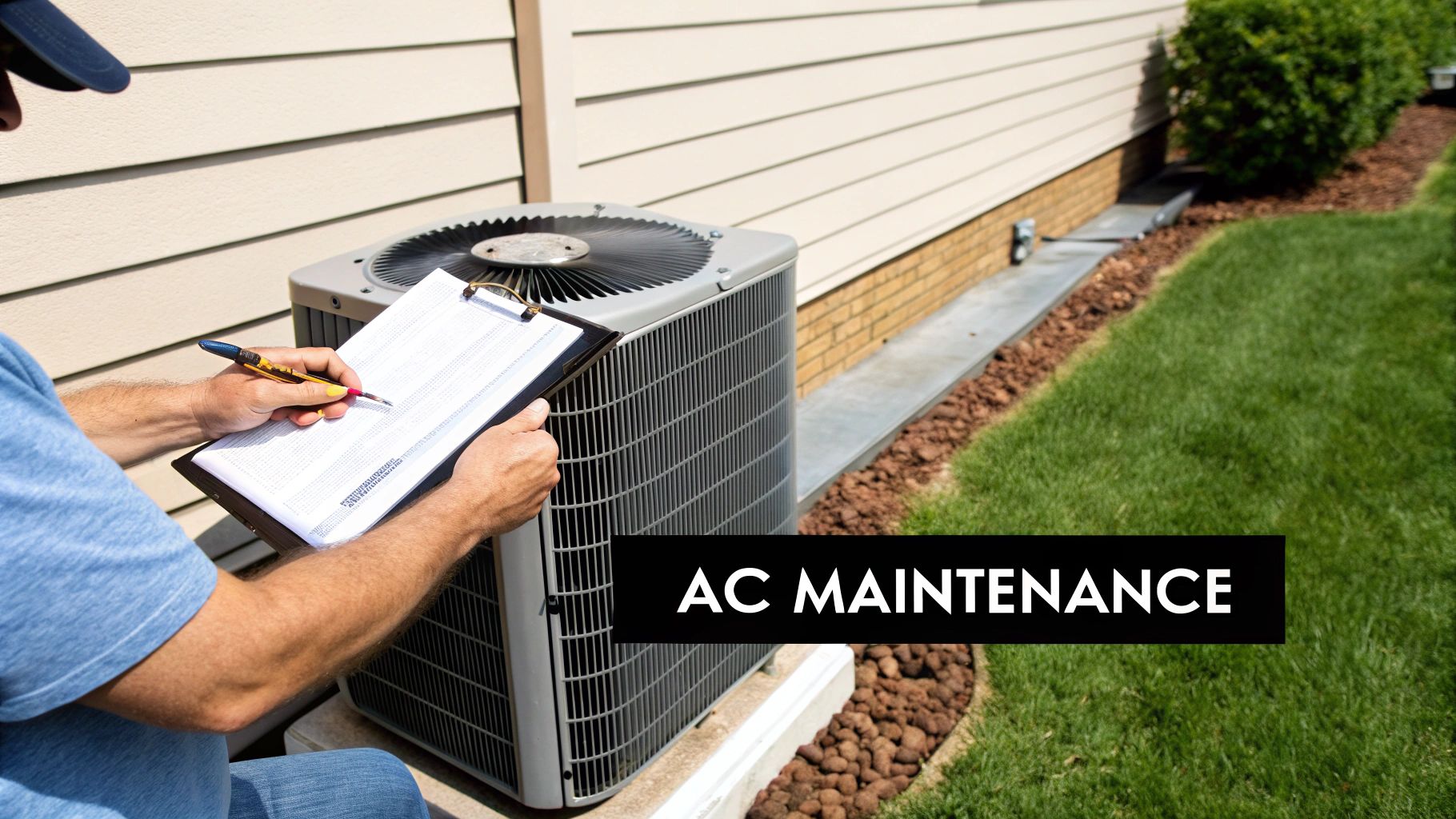 A technician wearing a blue shirt and cap inspects an outdoor AC unit with a clipboard and pen.