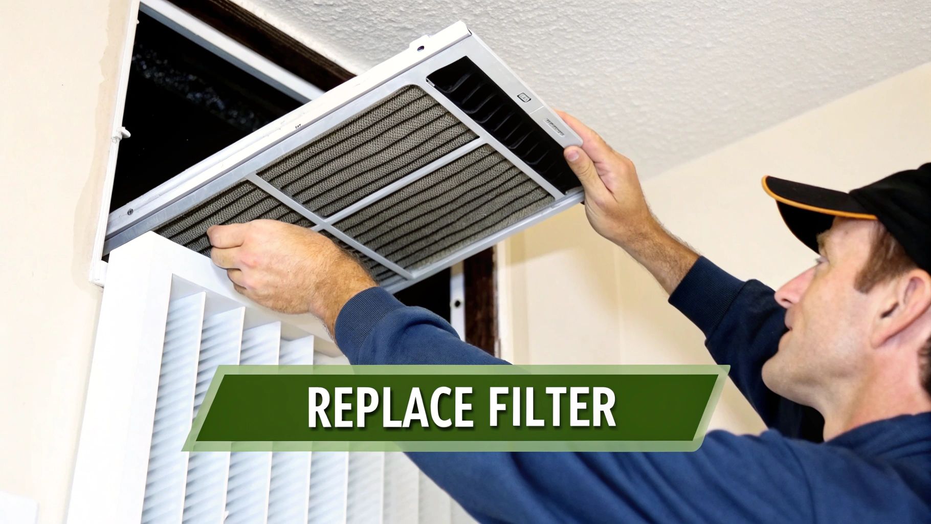 A man replacing a dirty air filter in a ceiling HVAC return vent for better air quality.
