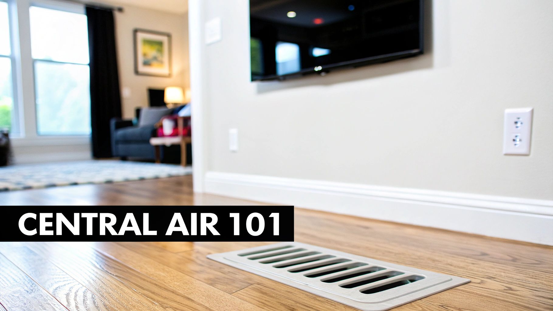 A modern central air conditioning unit outside a suburban home, surrounded by green landscaping.