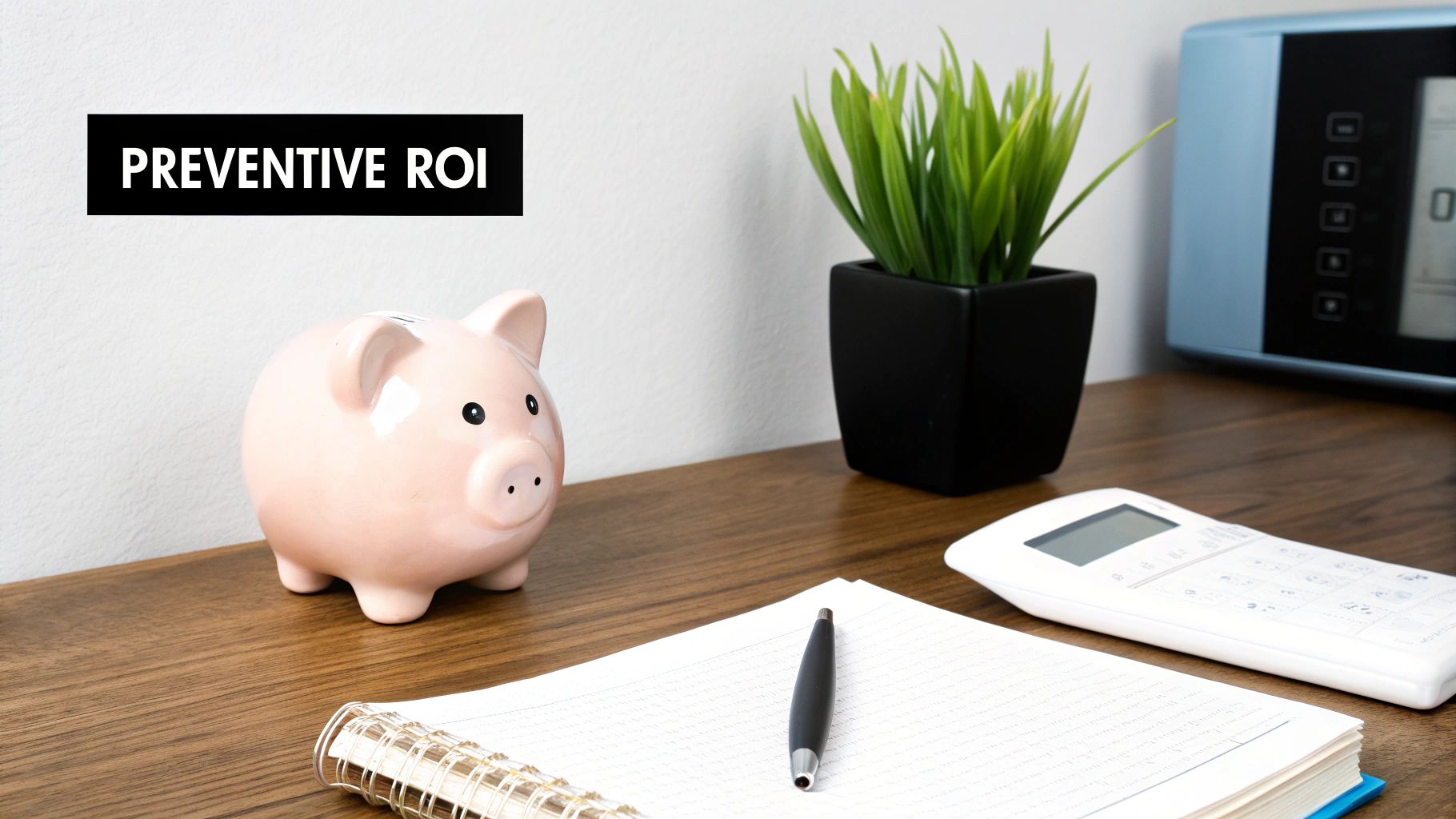 A wooden desk with a piggy bank, plant, calculator, and notebook, with 'PREVENTIVE ROI' text on the wall.
