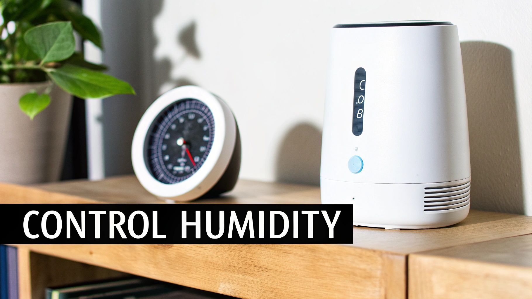 A person&#39;s hand adjusting a home thermostat, with a blurred background showing a comfortable living room.