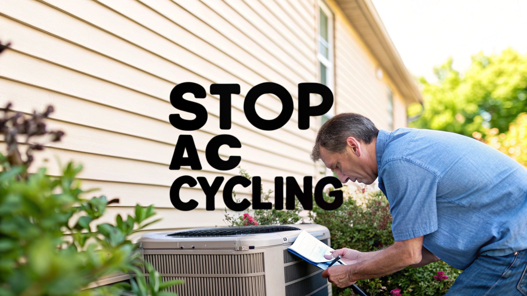 man checking out AC unit to stop AC cycling