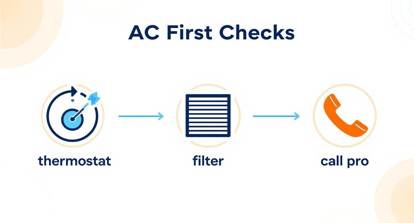 Three-step AC maintenance checklist showing thermostat check, filter inspection, and professional service call sequence