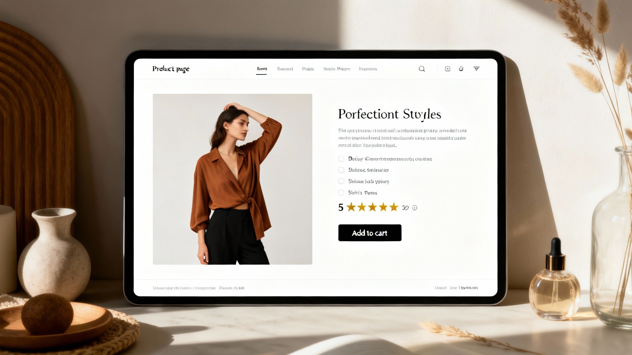 A tablet displays a product page showing a woman modeling a brown shirt and black pants, surrounded by home decor.