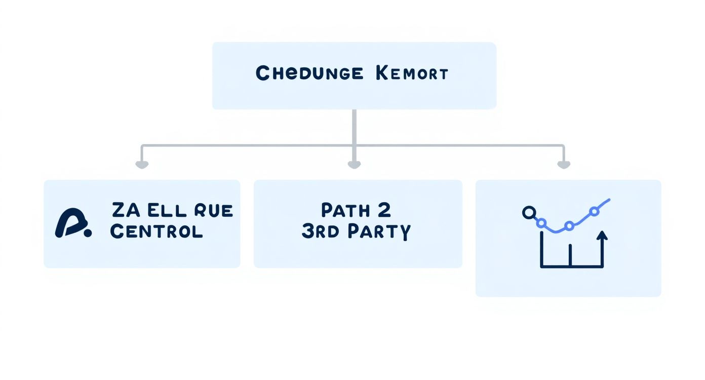 Flowchart displaying "CHEDUNGE KEMORT" leading to "ZA ELL RUE CENTROL", "PATH 2 3RD PARTY", and a trend graph.