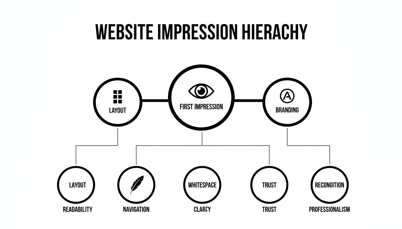 Website impression hierarchy diagram showing factors like layout, branding, and first impression influencing user perception.