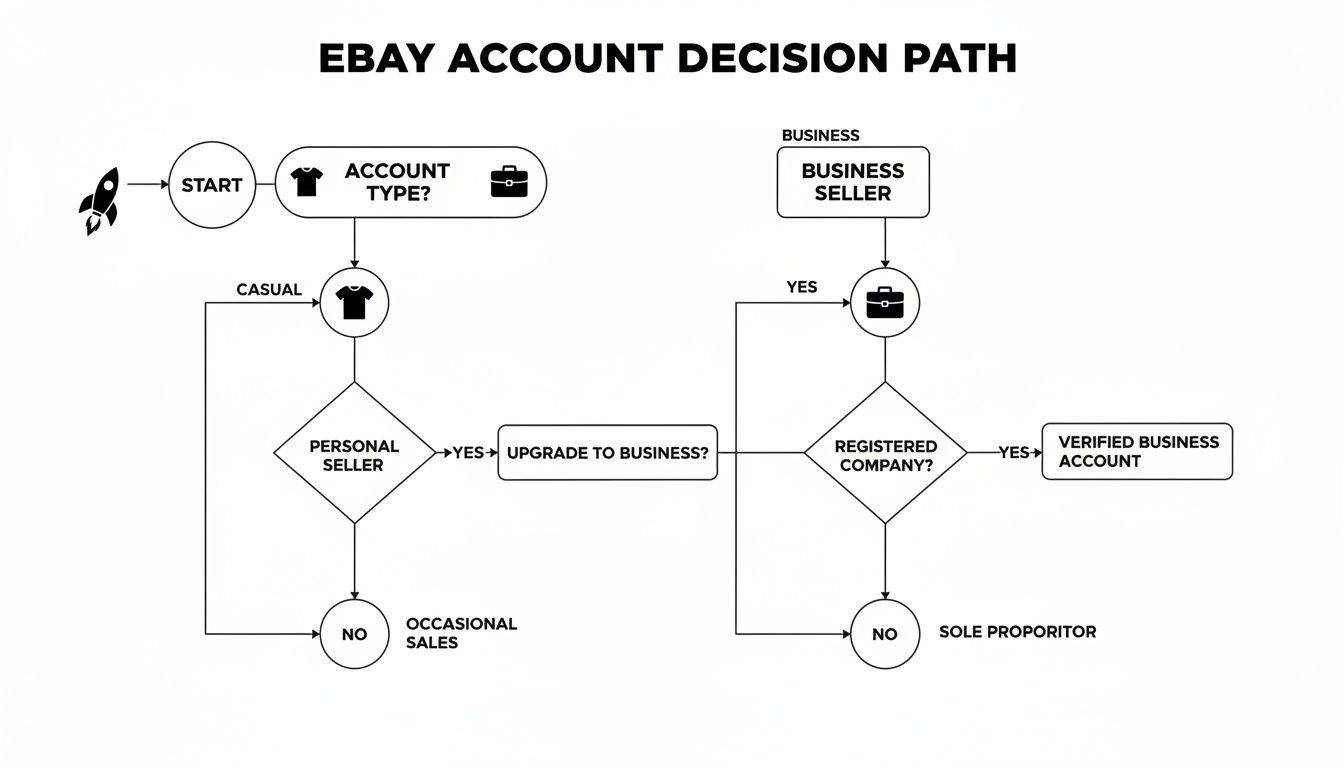 Flowchart illustrating the eBay account decision path for personal vs. business sellers, including upgrade options.