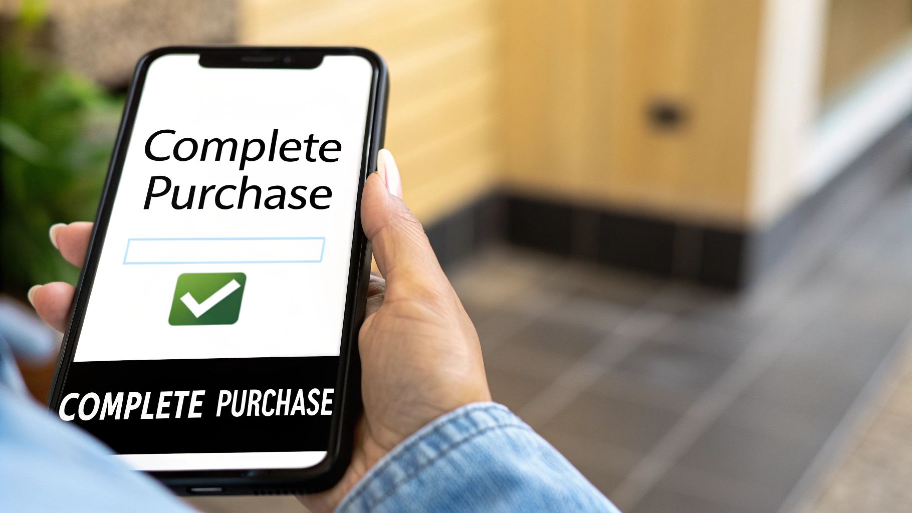 Stylized illustration of a seamless, single-page ecommerce checkout process on a mobile phone, emphasizing speed and ease of use.