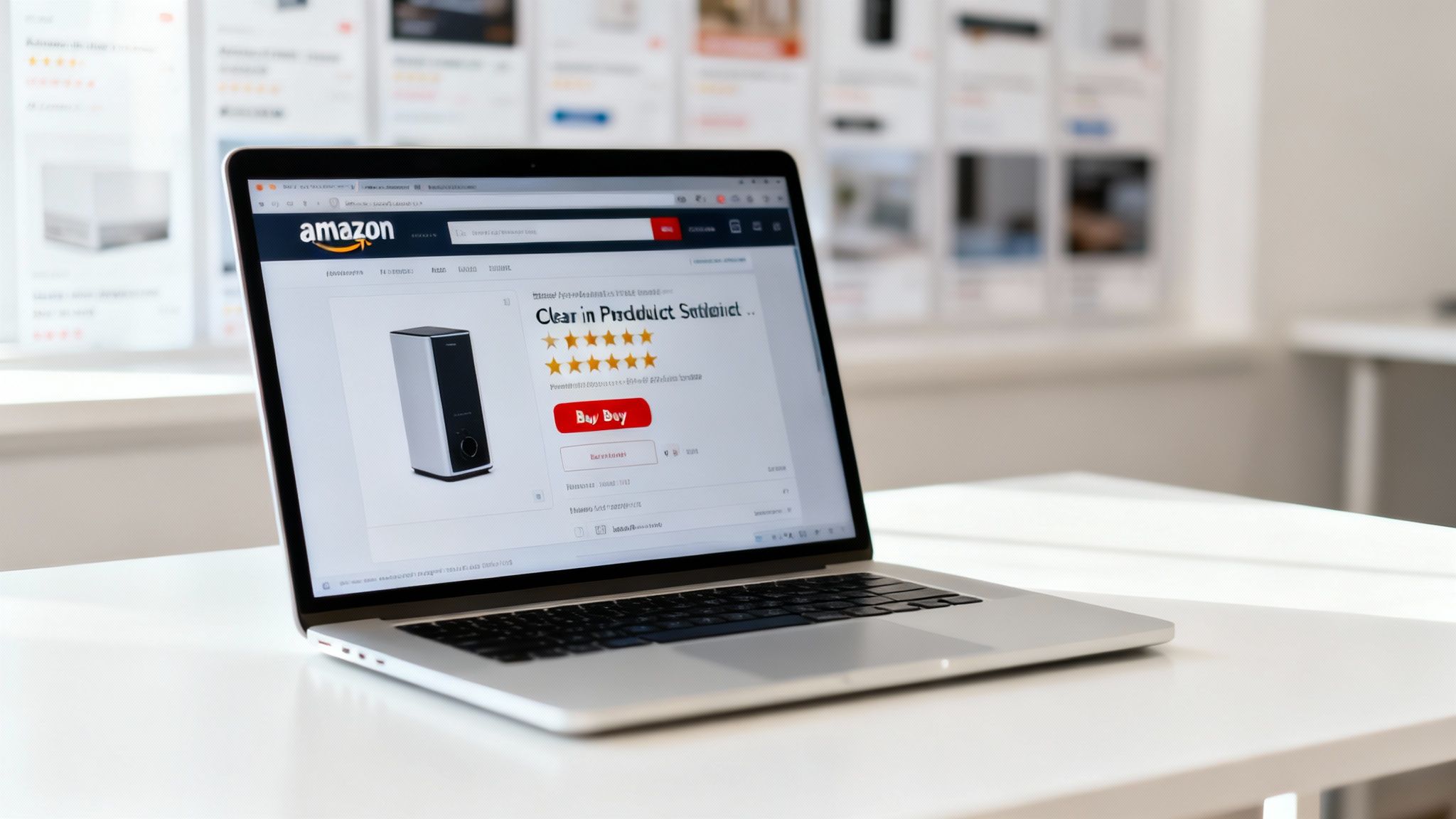 A laptop displays an Amazon product page for a silver electronic device with a five-star rating.