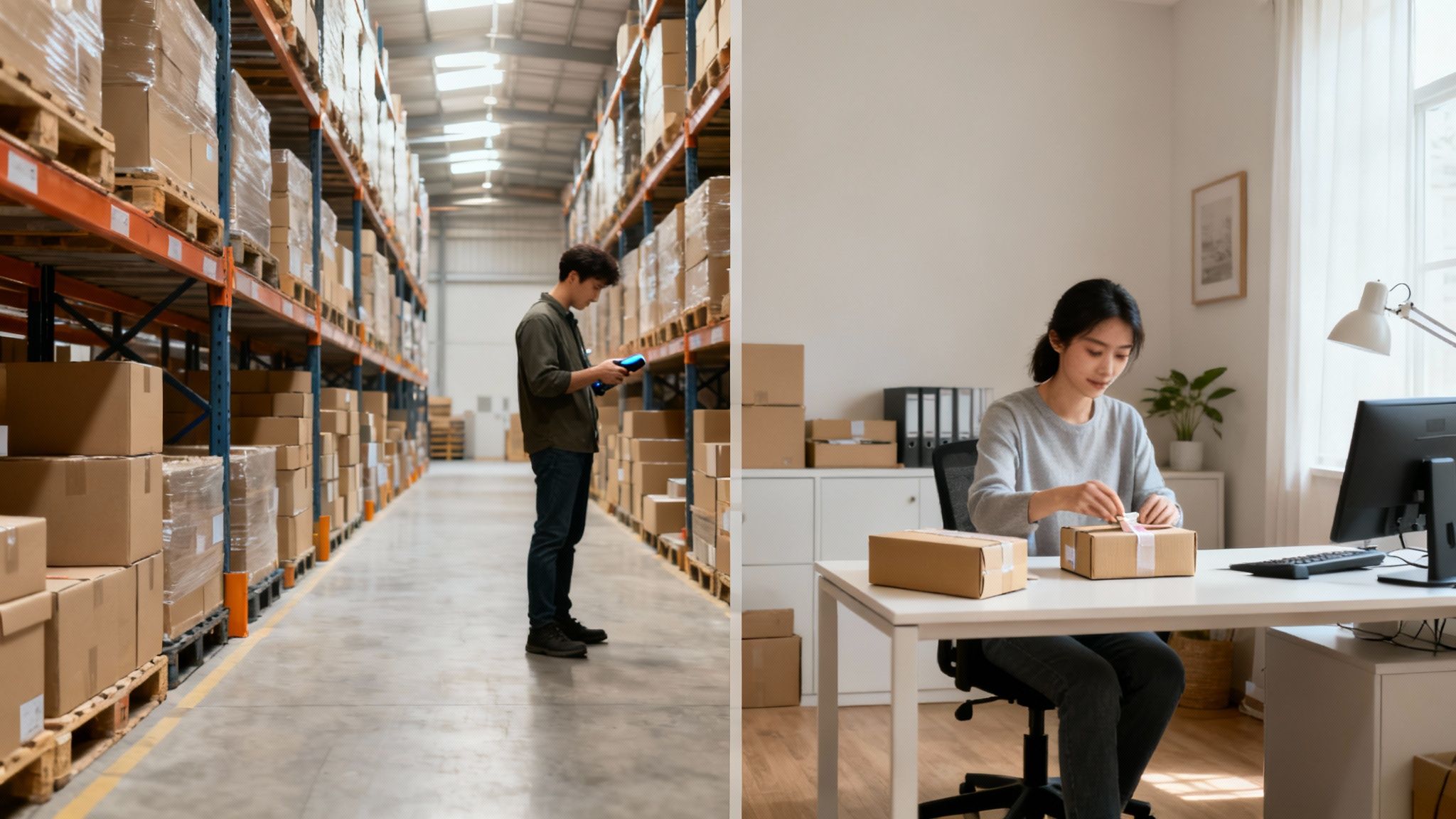 Two young entrepreneurs manage inventory: a man scans packages in a warehouse, a woman packs orders at home.