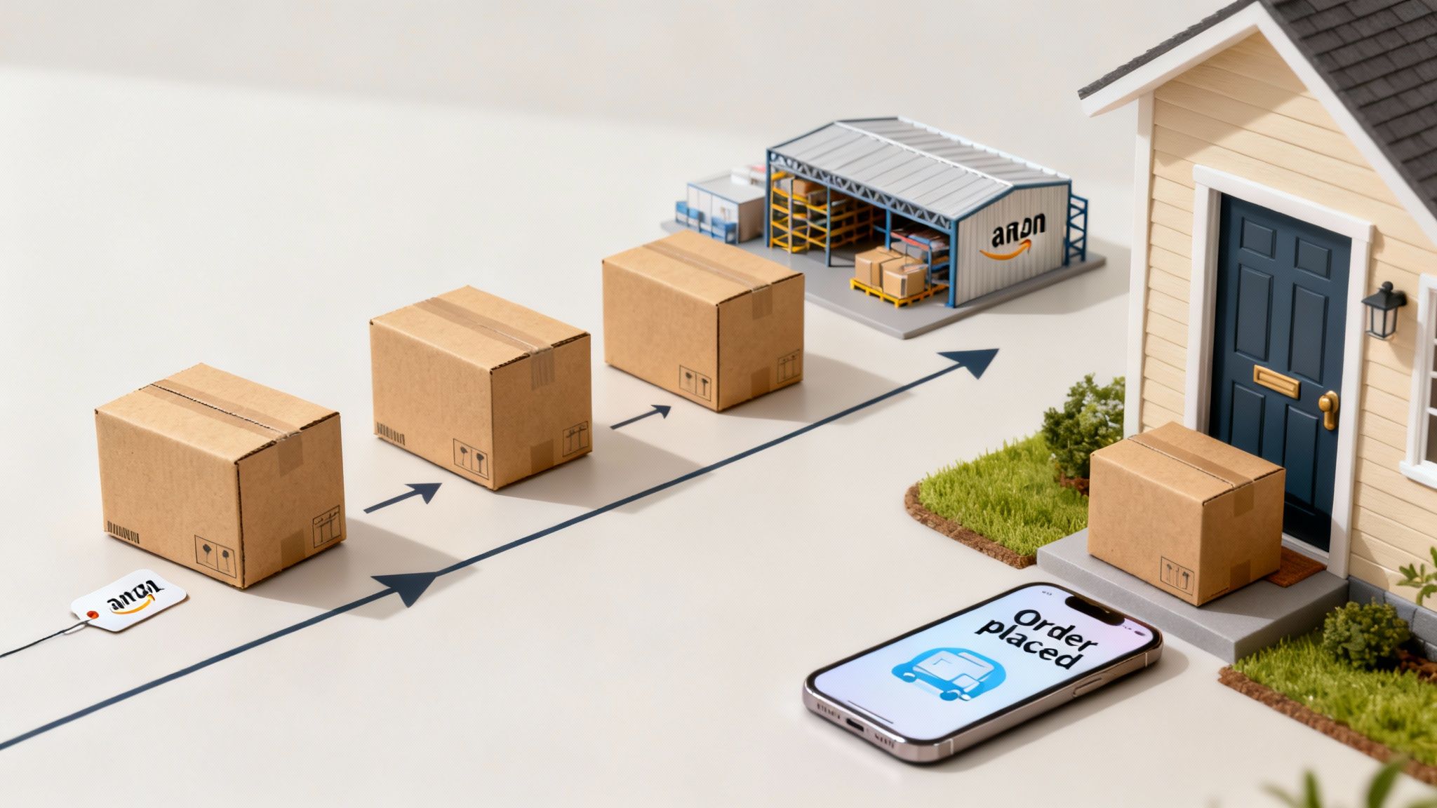 A miniature model illustrating the Amazon order fulfillment process from warehouse to home delivery.