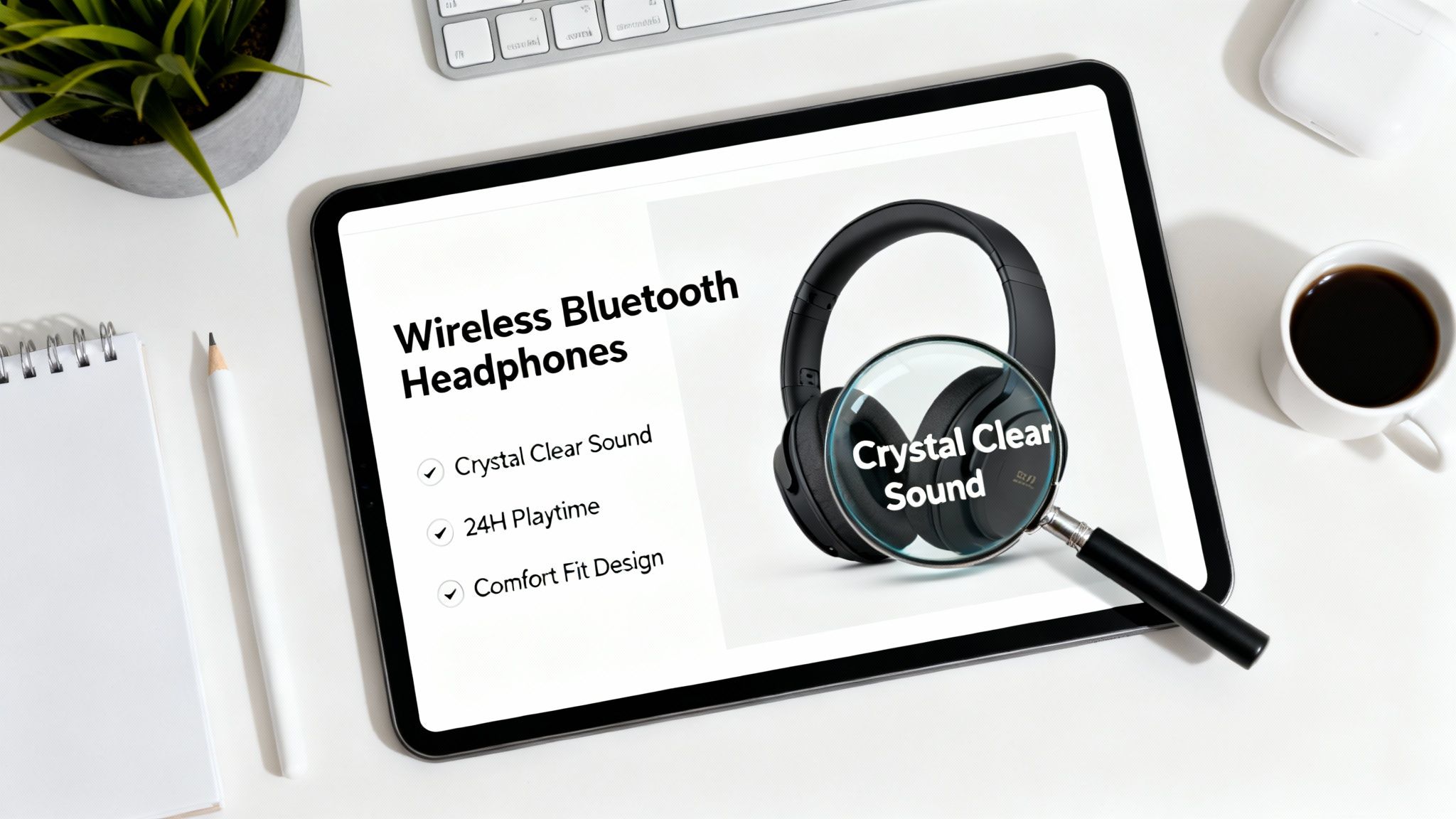 Wireless Bluetooth headphones product advertisement displayed on tablet with magnifying glass highlighting crystal clear sound feature