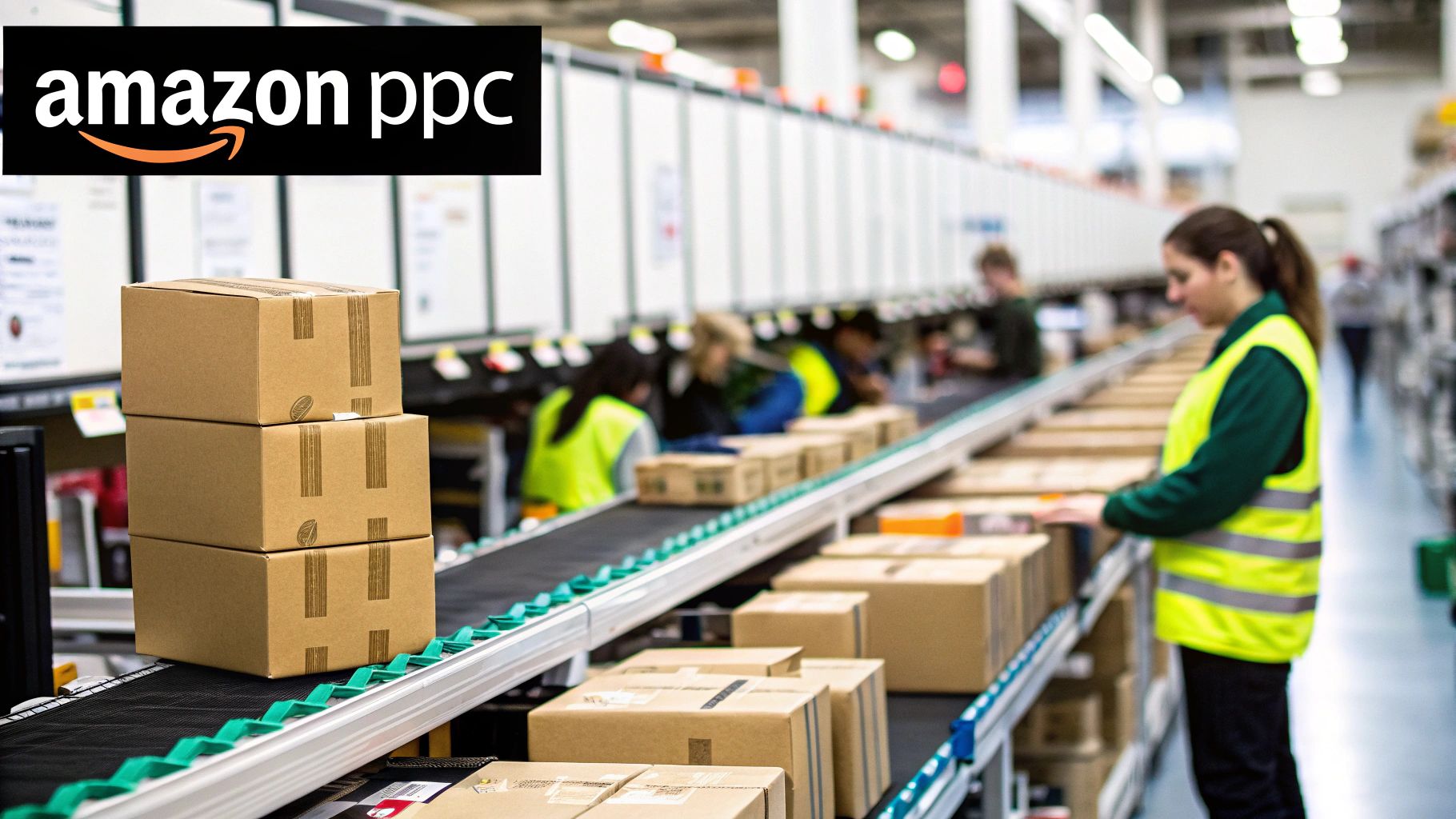 A person analyzing Amazon PPC campaign data on a laptop with charts and graphs in the background.