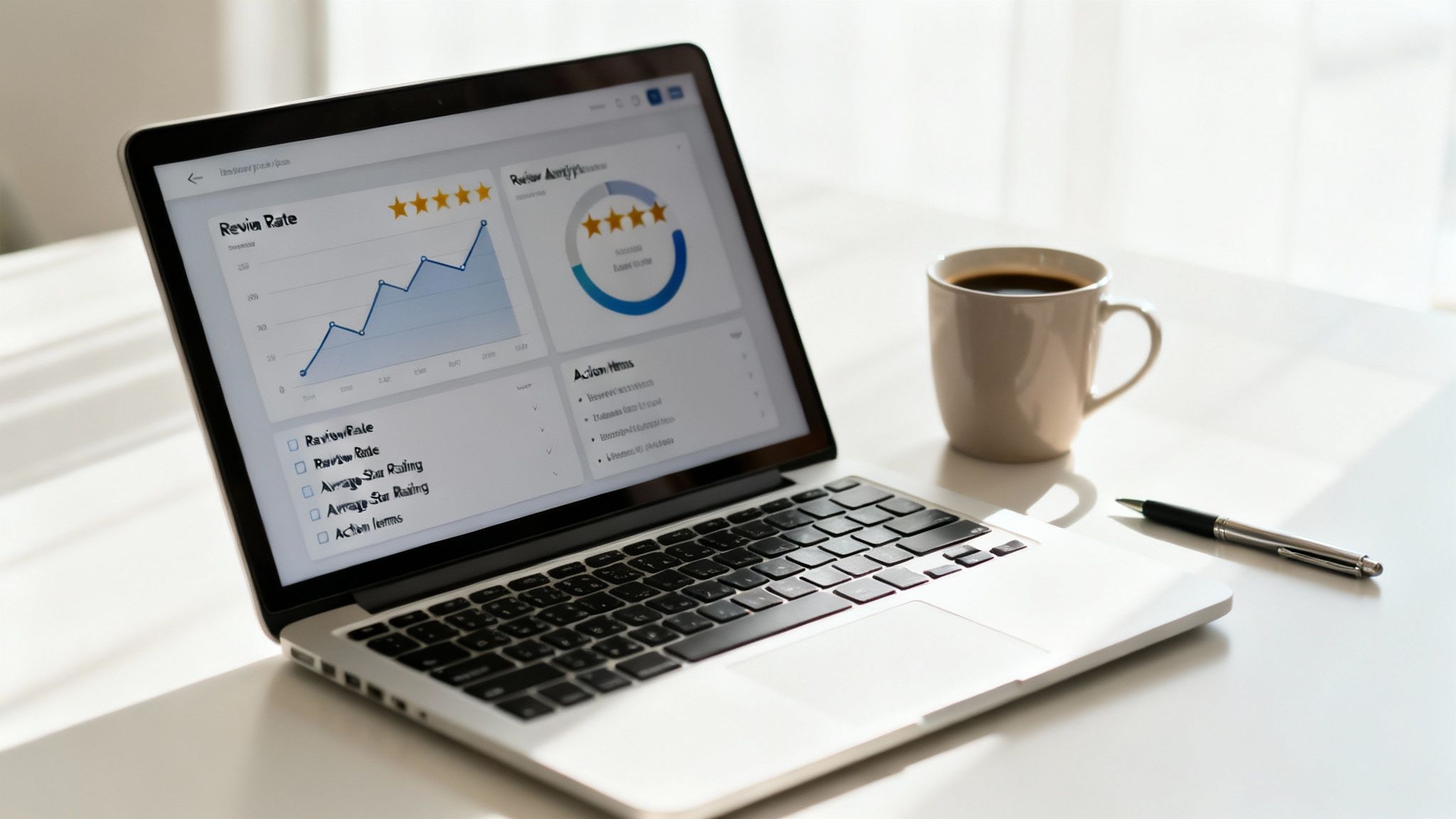 Laptop displaying a review analytics dashboard with graphs, a coffee cup, and a pen on a white desk.