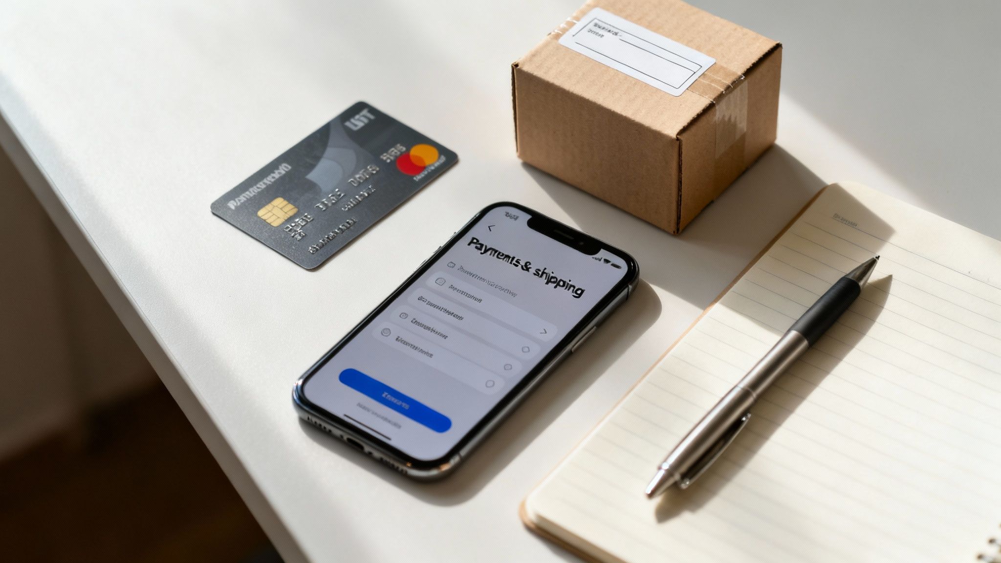 Smartphone displaying payments and shipping screen, credit card, and shipping box on a table.