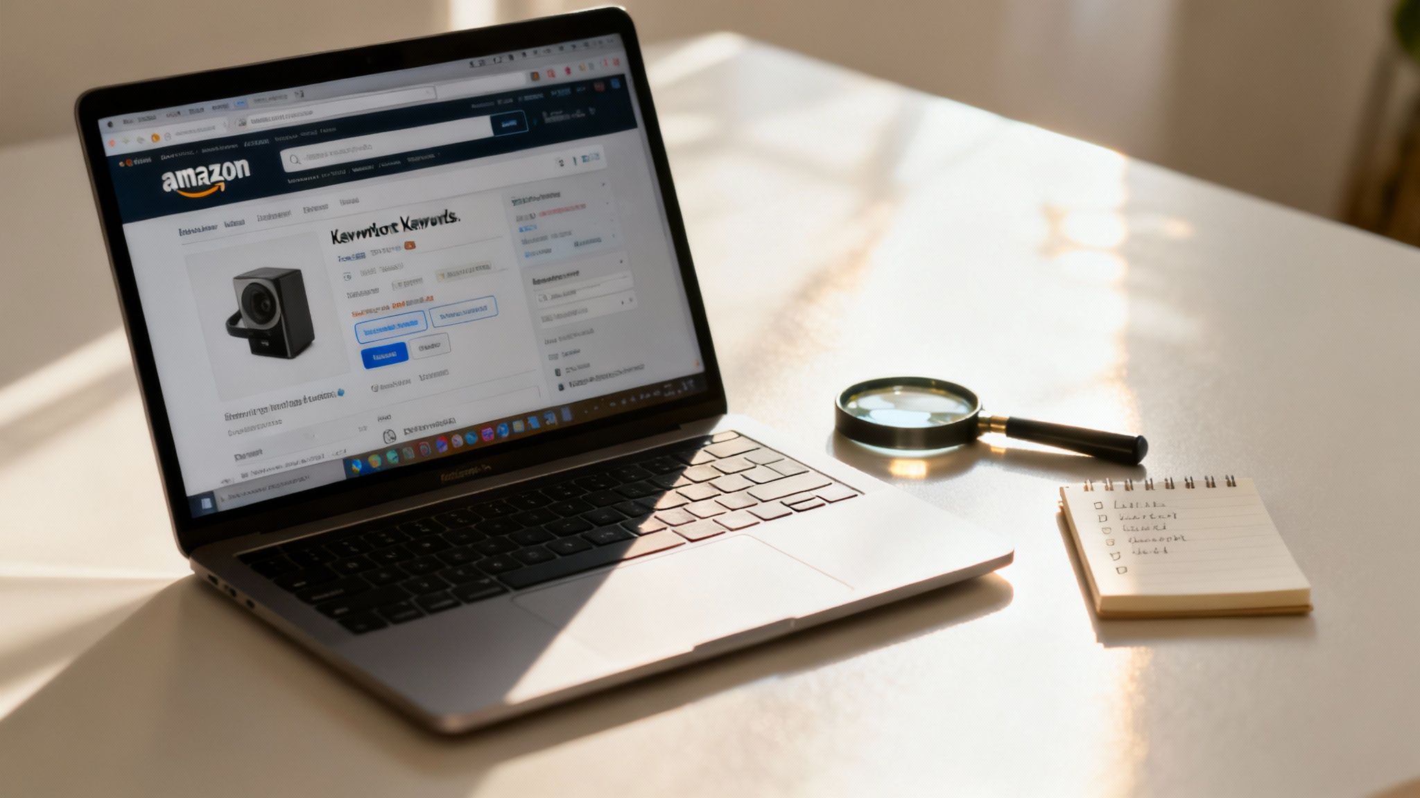 A person analyzes search query data on a computer screen, with keywords and search volume metrics visible.