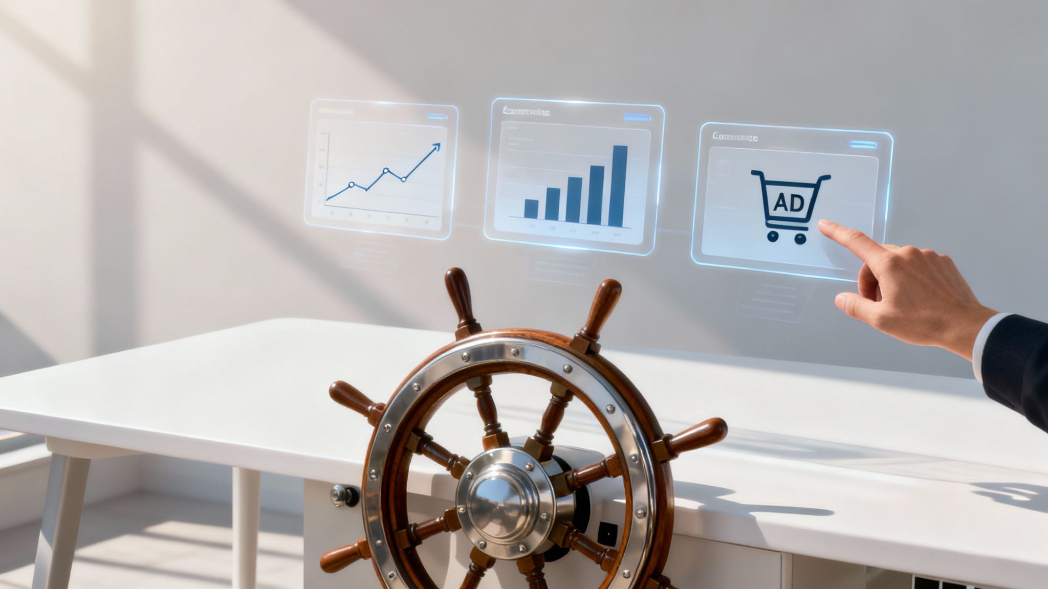 Hand touching a holographic screen with an e-commerce ad, next to data charts and a ship's wheel, symbolizing data-driven digital marketing.