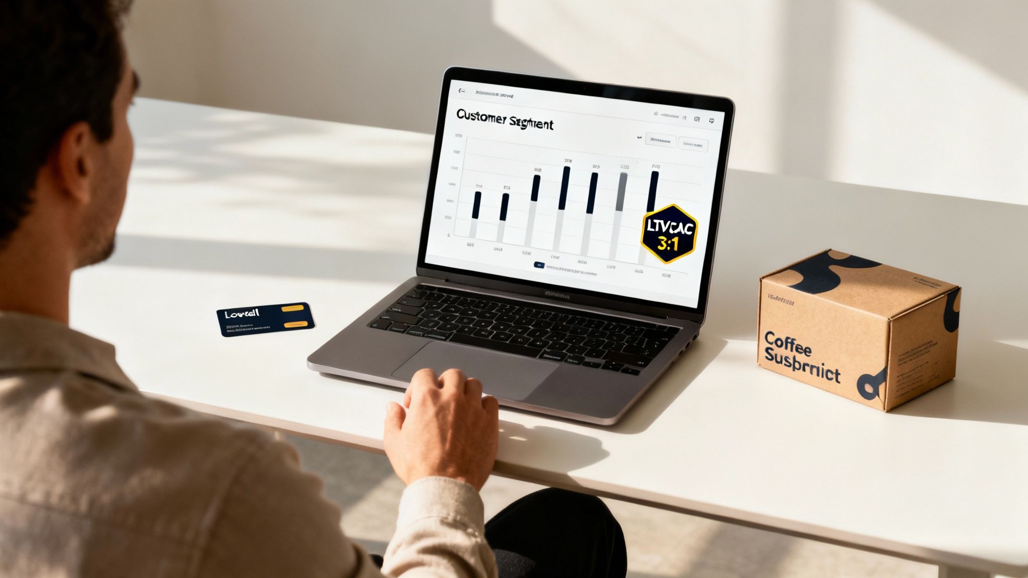 A person analyzes customer segment data and LTV:CAC ratio on a laptop, with business cards and a coffee box on the desk.