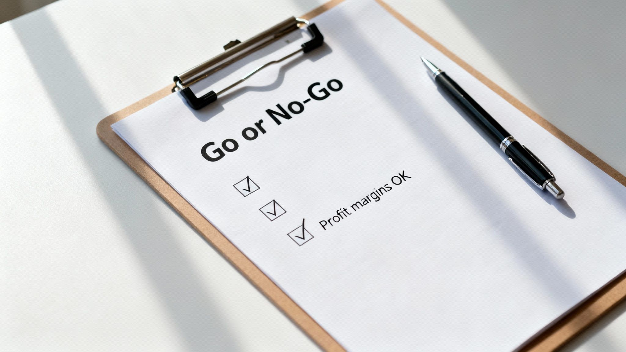 A 'Go or No-Go' checklist on a clipboard with all items, including 'Profit margins OK', checked.