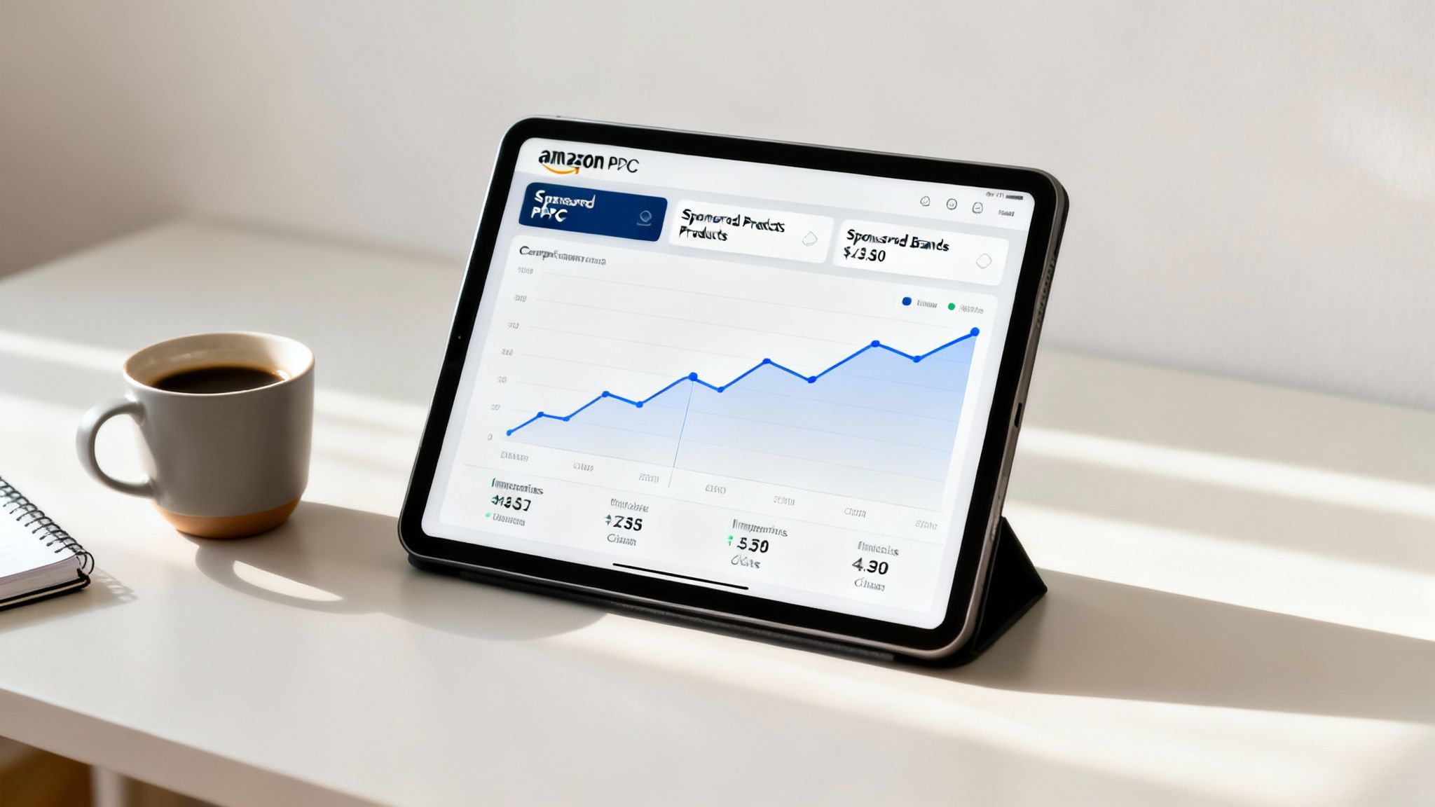 A tablet shows an Amazon PPC dashboard with a rising sales graph next to a coffee cup.