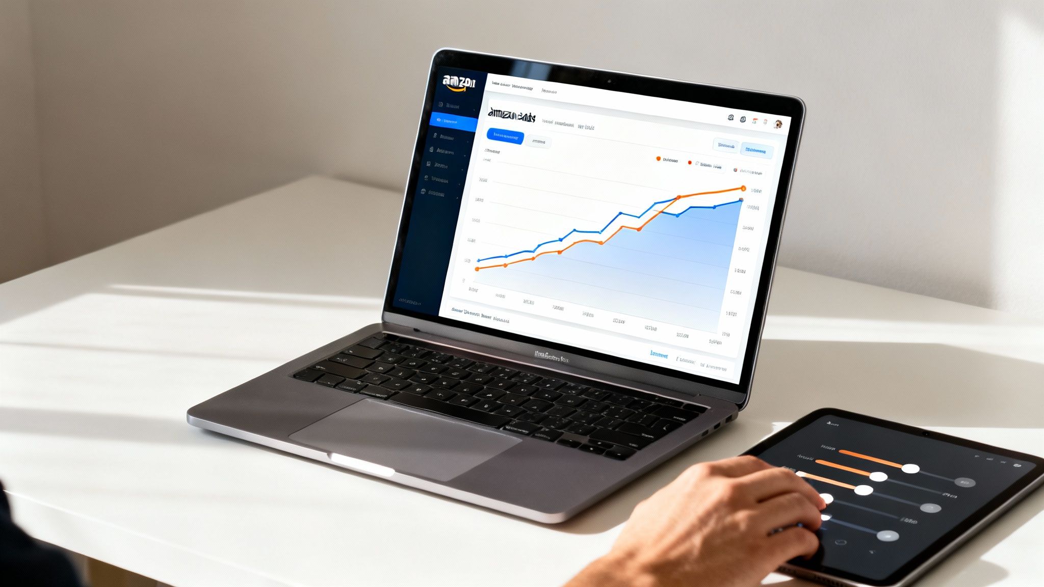 A person's hand adjusts a tablet while a laptop displays an Amazon Ads dashboard with a sales graph.