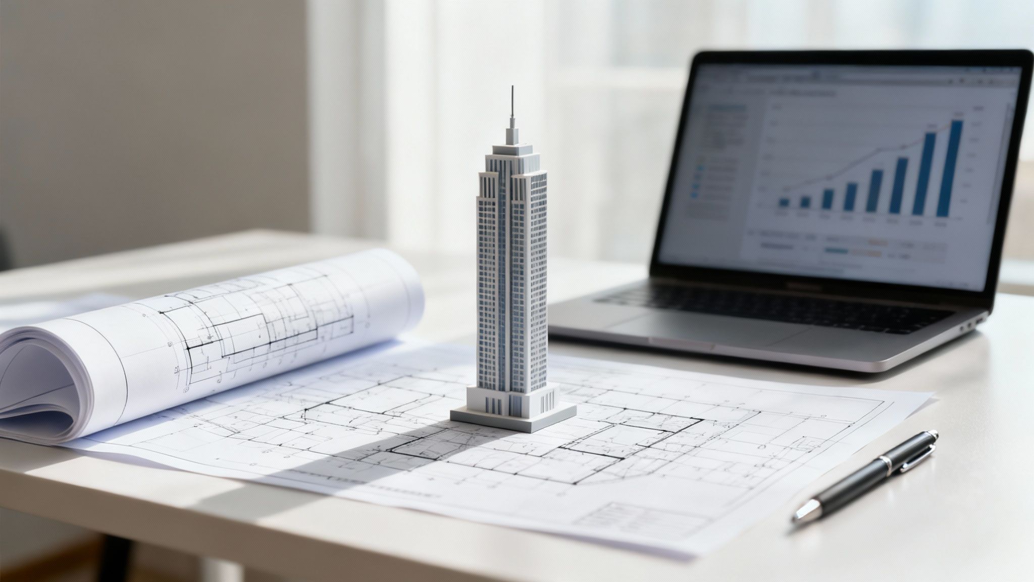 A group of diverse professionals collaborating around a table, mapping out a product launch strategy on a large blueprint-like paper.
