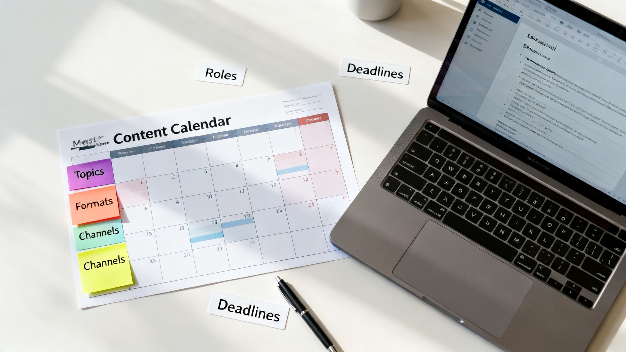 A content calendar with sticky notes for topics, formats, channels, roles, and deadlines, next to a laptop.