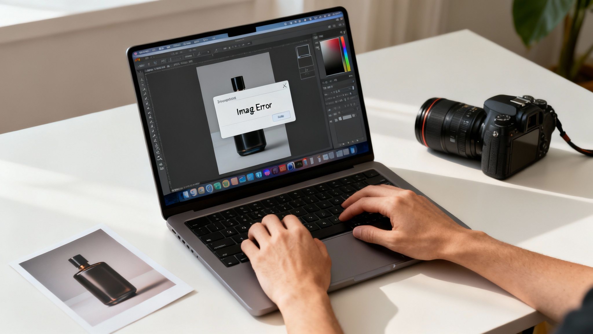 Person editing a product photo on a laptop, encountering an 'Imag Error,' with a camera nearby.