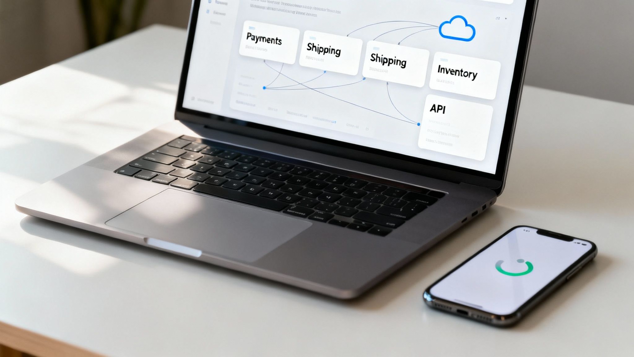 E-commerce dashboard on a laptop with a smartphone syncing, showing digital business tools.