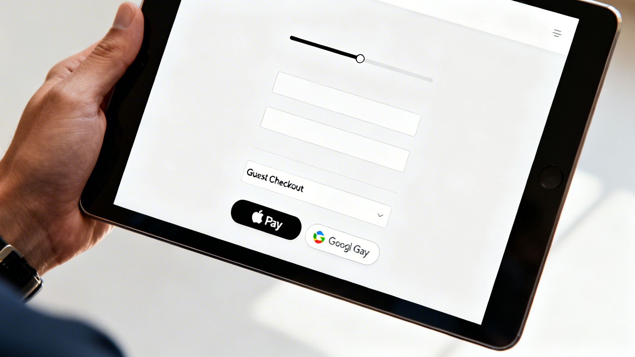 Close-up of a hand holding a tablet displaying an online checkout page with payment options.