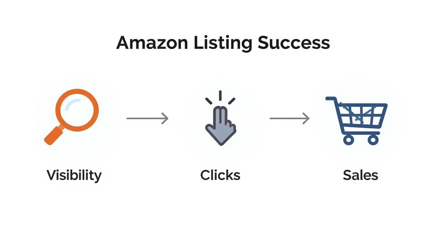 A visual diagram illustrating Amazon Listing Success: Visibility leads to Clicks, which leads to Sales.